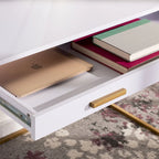 Escritorio consola de 1 cajón de estilo glamuroso blanco y dorado – 1 persona