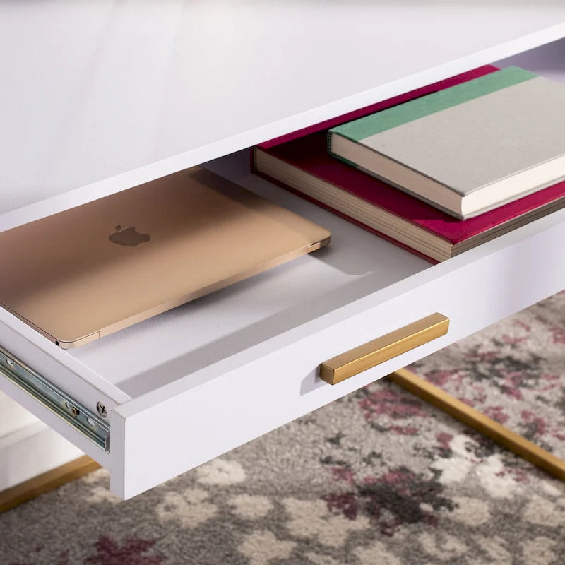 Escritorio consola de 1 cajón de estilo glamuroso blanco y dorado – 1 persona