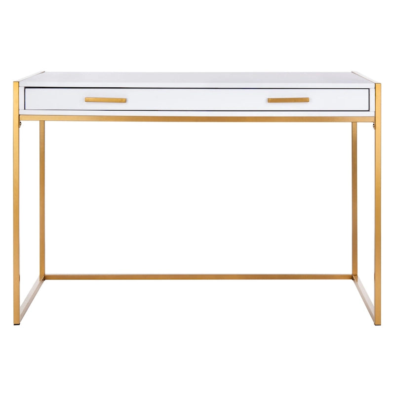 Escritorio consola de 1 cajón de estilo glamuroso blanco y dorado – 1 persona