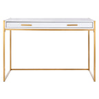 Escritorio consola de 1 cajón de estilo glamuroso blanco y dorado – 1 persona