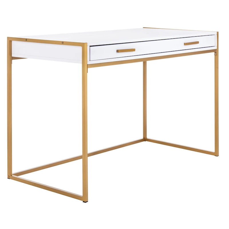 Escritorio consola de 1 cajón de estilo glamuroso blanco y dorado – 1 persona