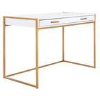 Escritorio consola de 1 cajón de estilo glamuroso blanco y dorado – 1 persona