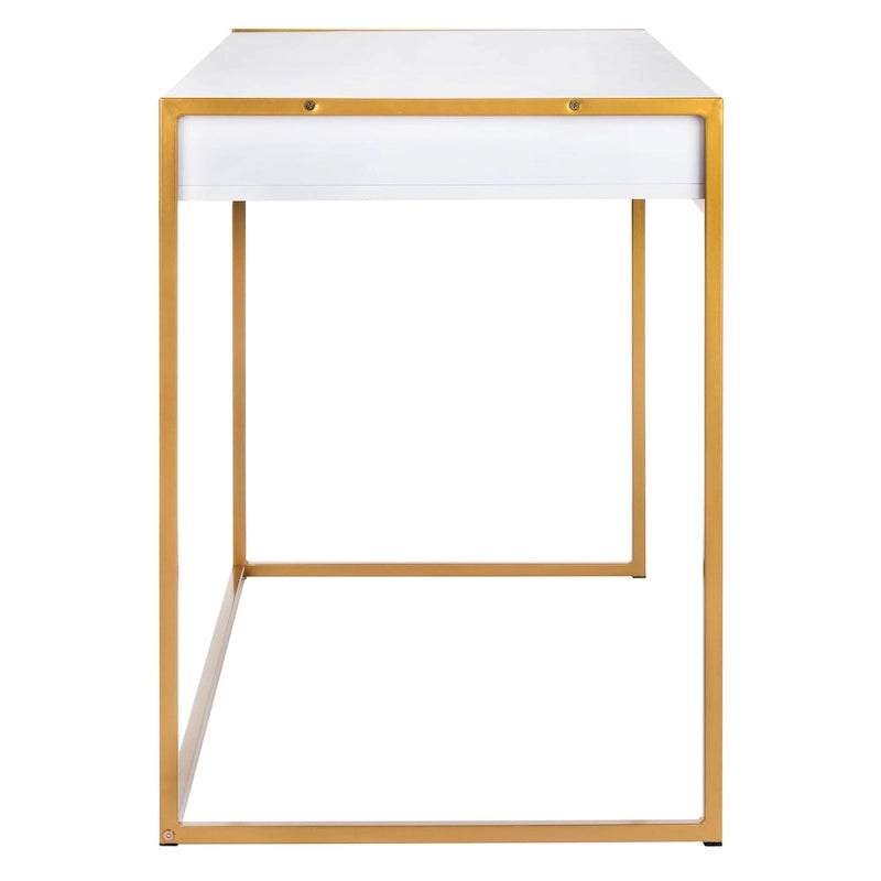 Escritorio consola de 1 cajón de estilo glamuroso blanco y dorado – 1 persona