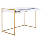 Escritorio consola de 1 cajón de estilo glamuroso blanco y dorado – 1 persona