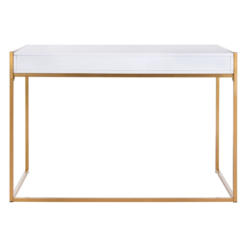 Escritorio consola de 1 cajón de estilo glamuroso blanco y dorado – 1 persona