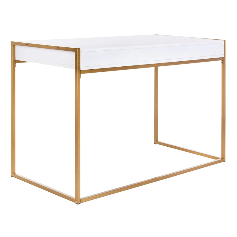 Escritorio consola de 1 cajón de estilo glamuroso blanco y dorado – 1 persona