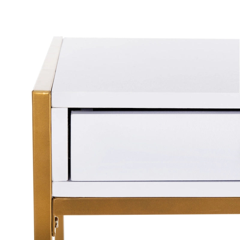 Escritorio consola de 1 cajón de estilo glamuroso blanco y dorado – 1 persona