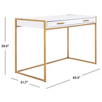 Escritorio consola de 1 cajón de estilo glamuroso blanco y dorado – 1 persona
