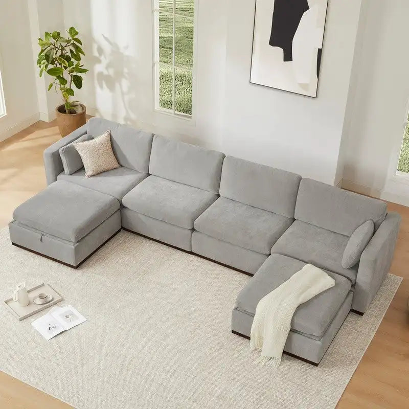 Sofá seccional modular en forma de U de tela gris paloma/blanco crema con otomana de almacenamiento, 4+ asientos