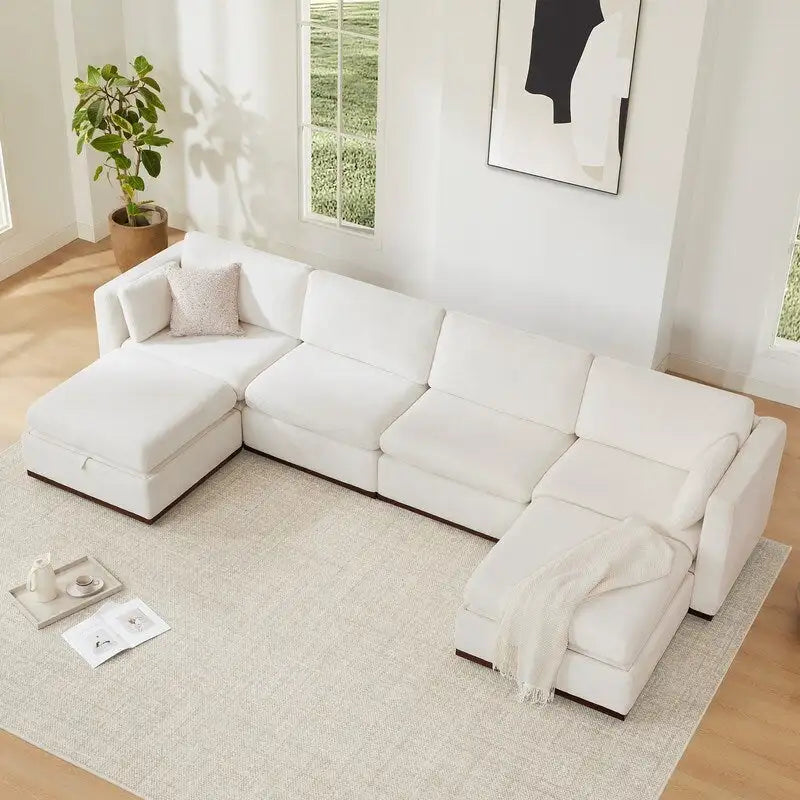 Sofá seccional modular en forma de U de tela gris paloma/blanco crema con otomana de almacenamiento, 4+ asientos