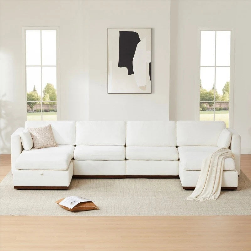 Sofá seccional modular en forma de U de tela gris paloma/blanco crema con otomana de almacenamiento, 4+ asientos
