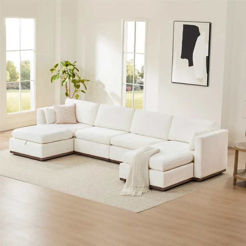 Sofá seccional modular en forma de U de tela gris paloma/blanco crema con otomana de almacenamiento, 4+ asientos