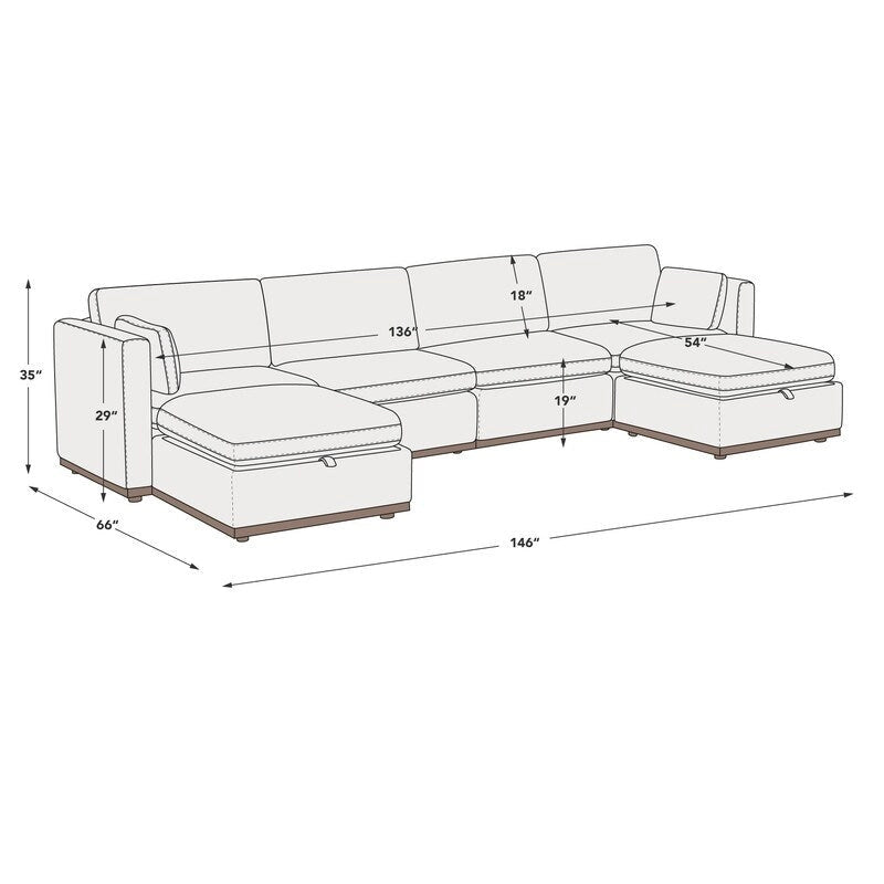 Sofá seccional modular en forma de U de tela gris paloma/blanco crema con otomana de almacenamiento, 4+ asientos
