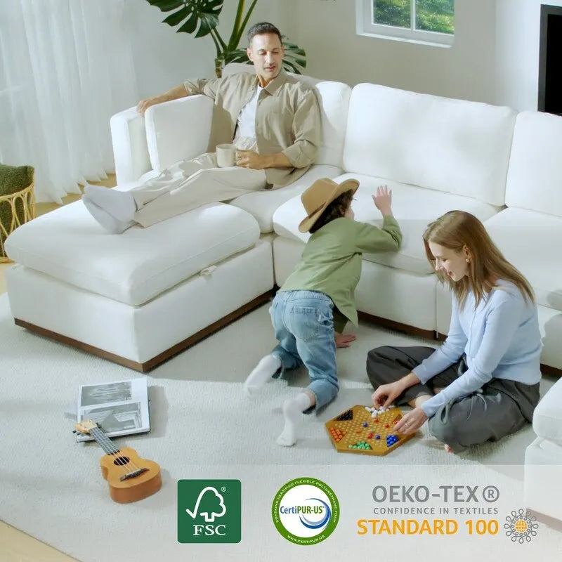 Sofá seccional modular en forma de U de tela gris paloma/blanco crema con otomana de almacenamiento, 4+ asientos