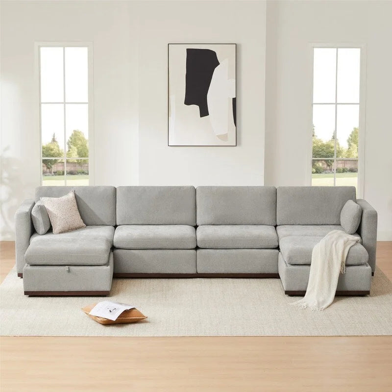 Sofá seccional modular en forma de U de tela gris paloma/blanco crema con otomana de almacenamiento, 4+ asientos