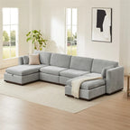 Sofá seccional modular en forma de U de tela gris paloma/blanco crema con otomana de almacenamiento, 4+ asientos