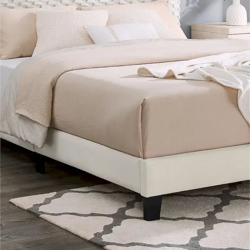 Cama de plataforma tapizada en 3D Off White con cabecero ajustable, individual, 1 persona