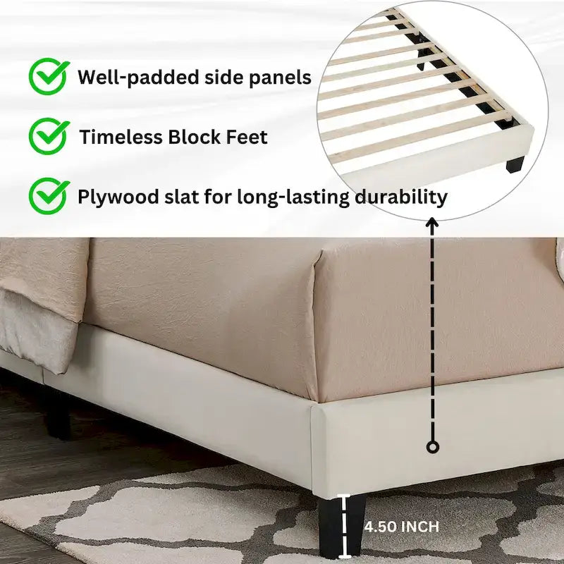 Cama de plataforma tapizada en 3D Off White con cabecero ajustable, individual, 1 persona