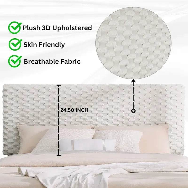 Cama de plataforma tapizada en 3D Off White con cabecero ajustable, individual, 1 persona