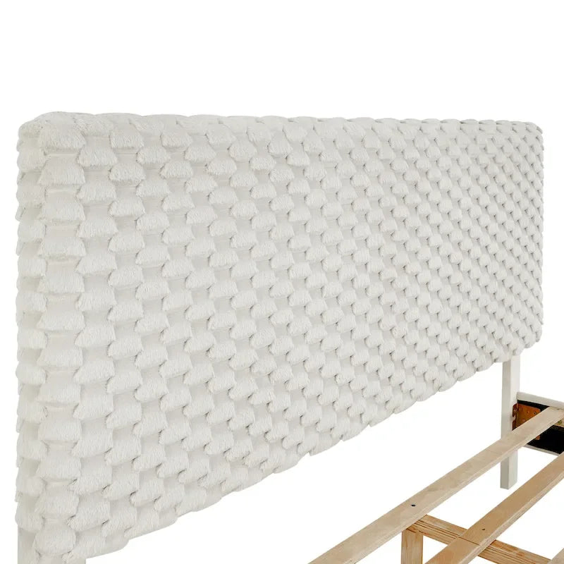 Cama de plataforma tapizada en 3D Off White con cabecero ajustable, individual, 1 persona