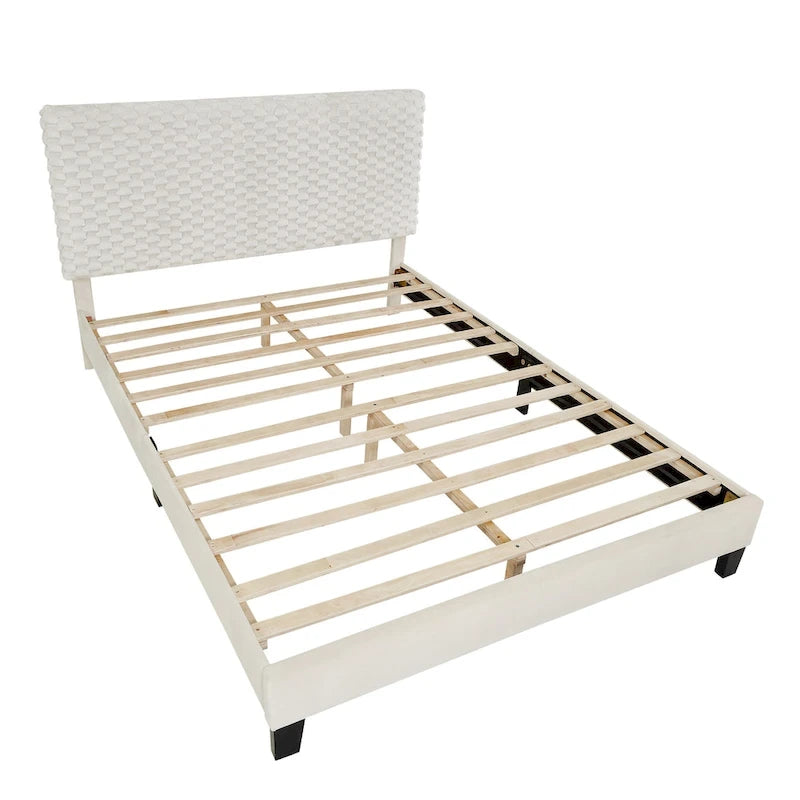 Cama de plataforma tapizada en 3D Off White con cabecero ajustable, individual, 1 persona