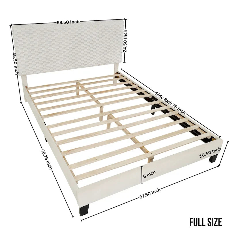 Cama de plataforma tapizada en 3D Off White con cabecero ajustable, individual, 1 persona