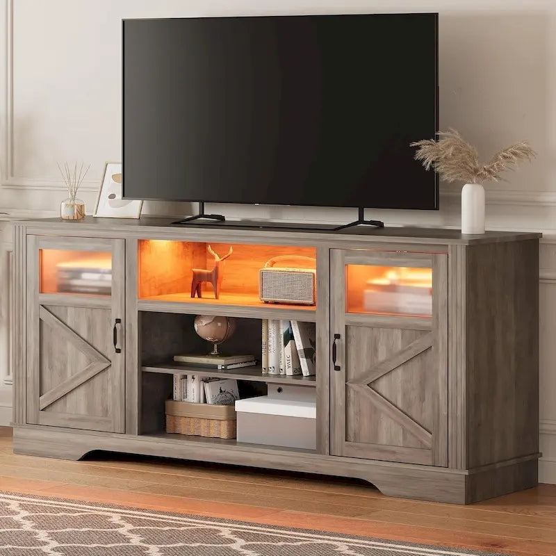 Mueble de TV de estilo rústico en blanco, gris y negro con luces LED, para televisores de hasta 65 pulgadas