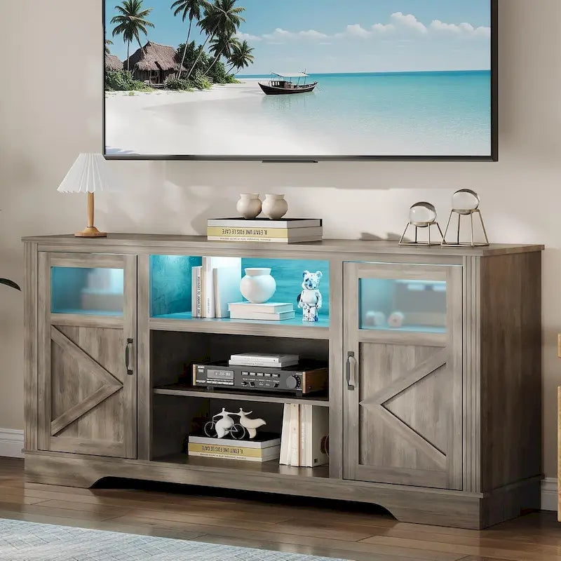 Mueble de TV de estilo rústico en blanco, gris y negro con luces LED, para televisores de hasta 65 pulgadas