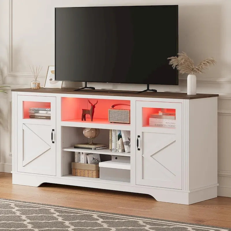 Mueble de TV de estilo rústico en blanco, gris y negro con luces LED, para televisores de hasta 65 pulgadas