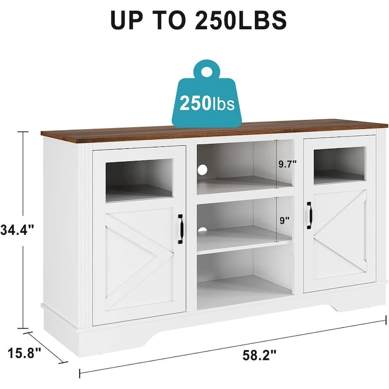 Mueble de TV de estilo rústico en blanco, gris y negro con luces LED, para televisores de hasta 65 pulgadas