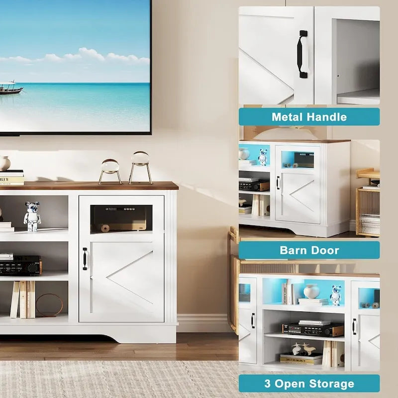 Mueble de TV de estilo rústico en blanco, gris y negro con luces LED, para televisores de hasta 65 pulgadas