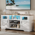 Mueble de TV de estilo rústico en blanco, gris y negro con luces LED, para televisores de hasta 65 pulgadas