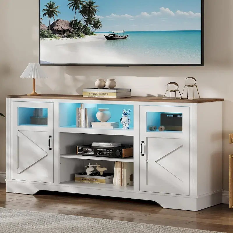 Mueble de TV de estilo rústico en blanco, gris y negro con luces LED, para televisores de hasta 65 pulgadas