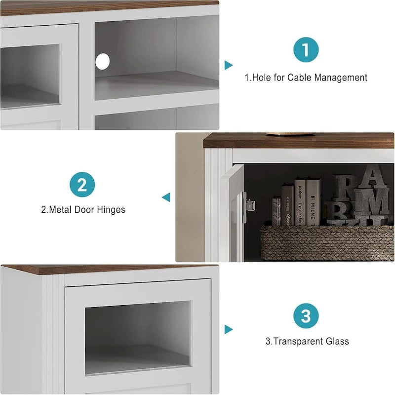 Mueble de TV de estilo rústico en blanco, gris y negro con luces LED, para televisores de hasta 65 pulgadas