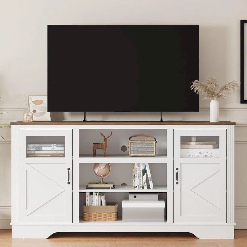 Mueble de TV de estilo rústico en blanco, gris y negro con luces LED, para televisores de hasta 65 pulgadas