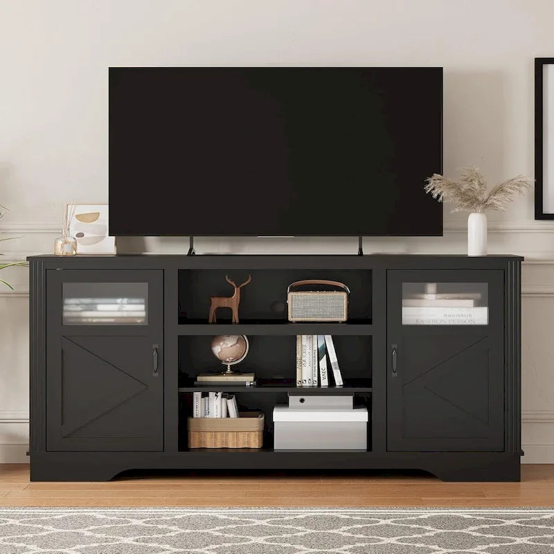 Mueble de TV de estilo rústico en blanco, gris y negro con luces LED, para televisores de hasta 65 pulgadas