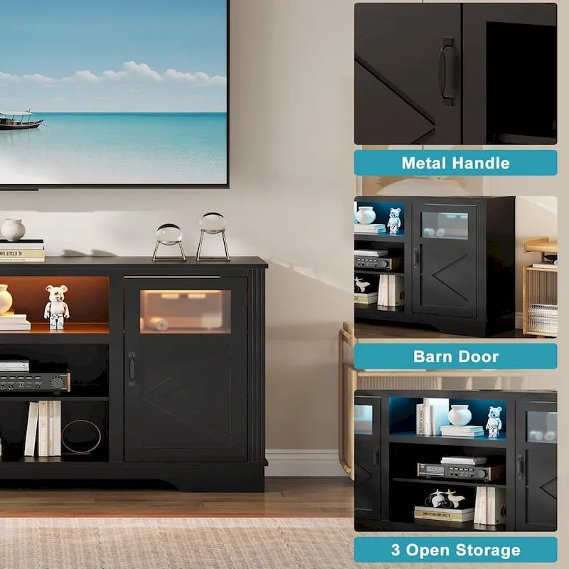 Mueble de TV de estilo rústico en blanco, gris y negro con luces LED, para televisores de hasta 65 pulgadas
