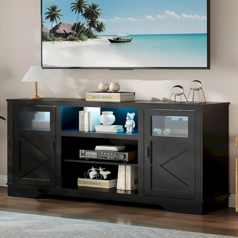 Mueble de TV de estilo rústico en blanco, gris y negro con luces LED, para televisores de hasta 65 pulgadas