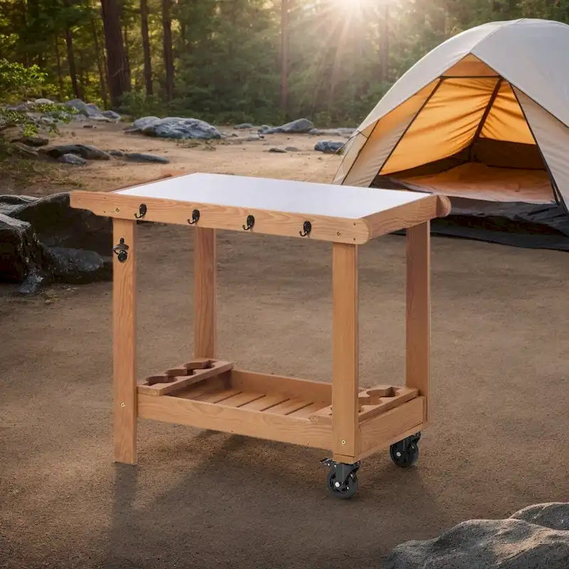 Carrito de cocina marrón, mesa de parrilla exterior de 2 estantes con ruedas