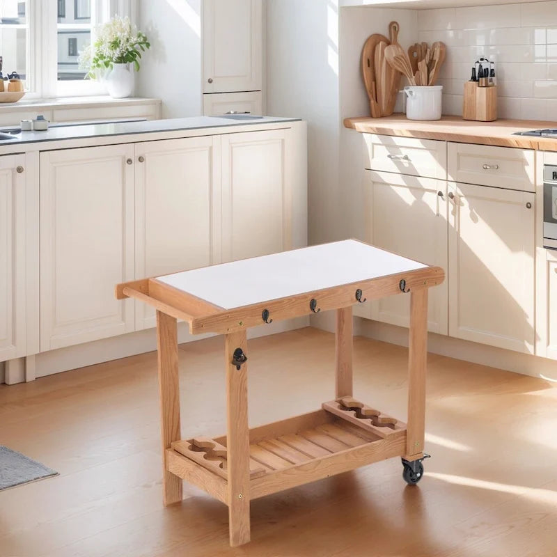 Carrito de cocina marrón, mesa de parrilla exterior de 2 estantes con ruedas