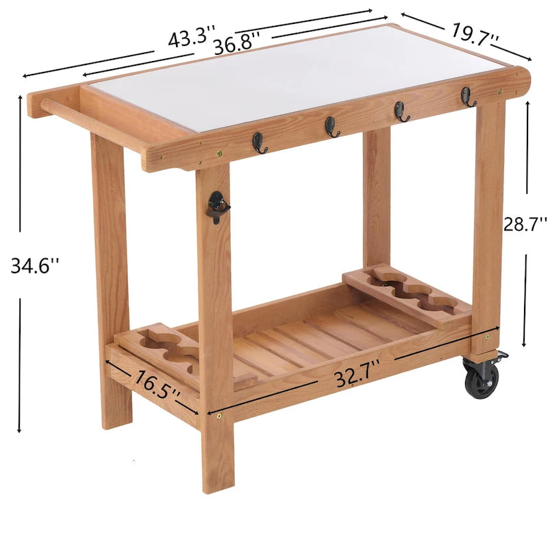 Carrito de cocina marrón, mesa de parrilla exterior de 2 estantes con ruedas