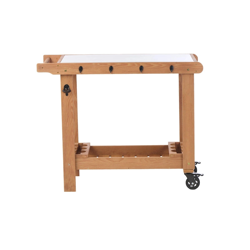 Carrito de cocina marrón, mesa de parrilla exterior de 2 estantes con ruedas