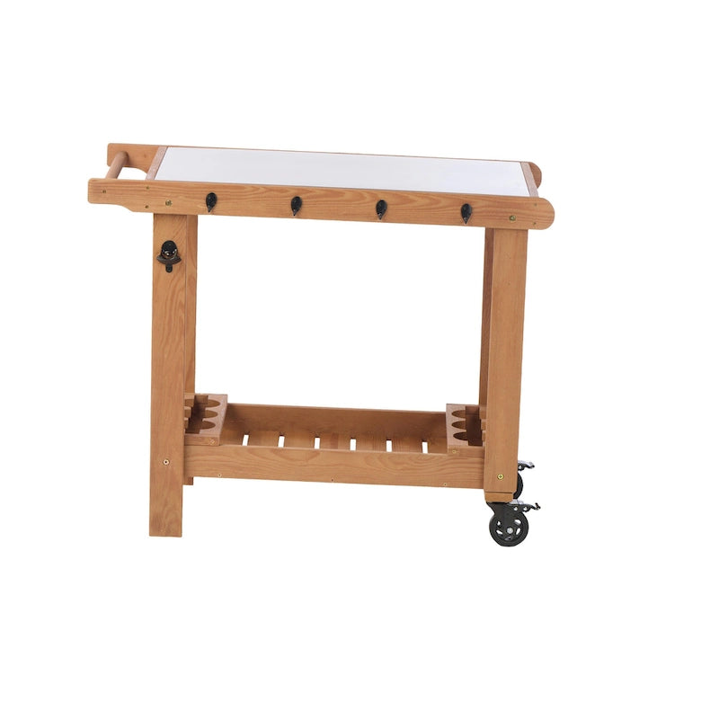 Carrito de cocina marrón, mesa de parrilla exterior de 2 estantes con ruedas