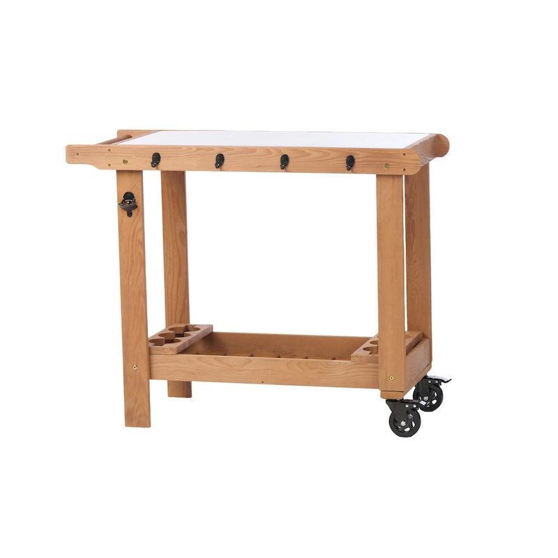 Carrito de cocina marrón, mesa de parrilla exterior de 2 estantes con ruedas