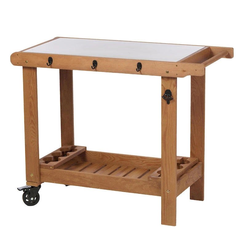 Carrito de cocina marrón, mesa de parrilla exterior de 2 estantes con ruedas
