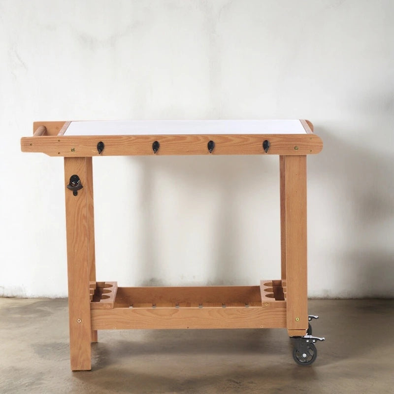 Carrito de cocina marrón, mesa de parrilla exterior de 2 estantes con ruedas