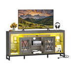Mueble de TV gris con luces LED y tomas de corriente, de suelo, para televisores de hasta 75 pulgadas
