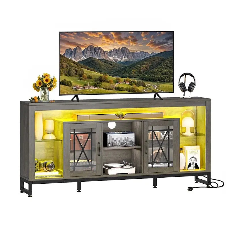 Mueble de TV gris con luces LED y tomas de corriente, de suelo, para televisores de hasta 75 pulgadas
