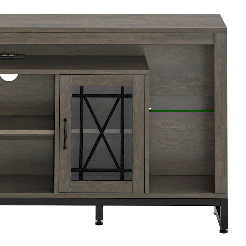 Mueble de TV gris con luces LED y tomas de corriente, de suelo, para televisores de hasta 75 pulgadas