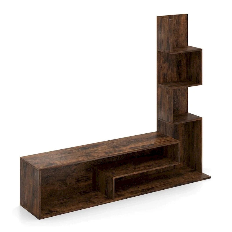 Mueble para TV rústico marrón con estantes en forma de L, se adapta a televisores de hasta 50", 58" de ancho, montaje por 1 persona